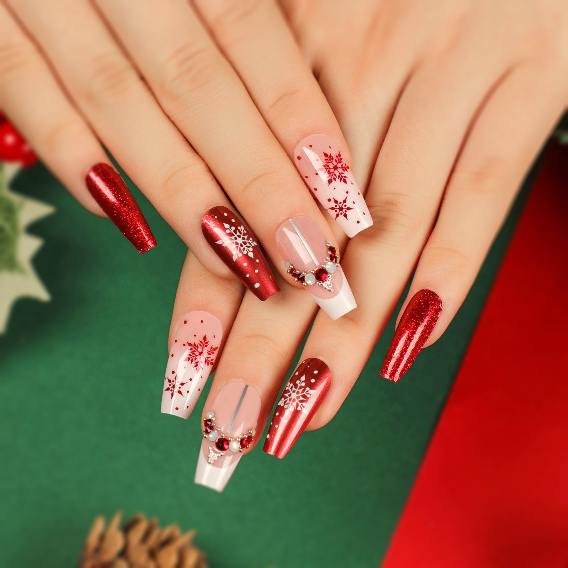 Rainsin White French Christmas Minimalist Nails,Shiny Red and Rhinestone  Christmas Design with Coffin Fully Covered Press on Fake Nails 24PCS 
